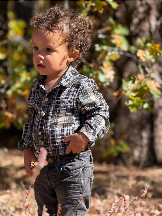 Jasper Green-Patchwork Plaid Woven Onesie