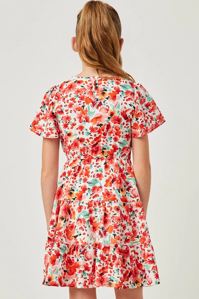 Floral Smocked V Neck Short Sleeve Dress