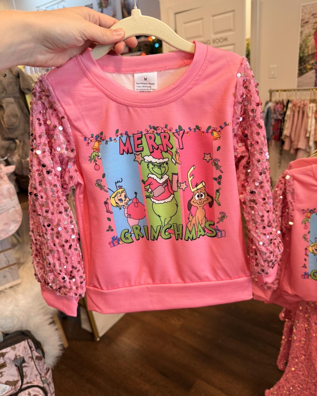 Merry Grinchmas Sequin Sleeve Top - Bubblegum