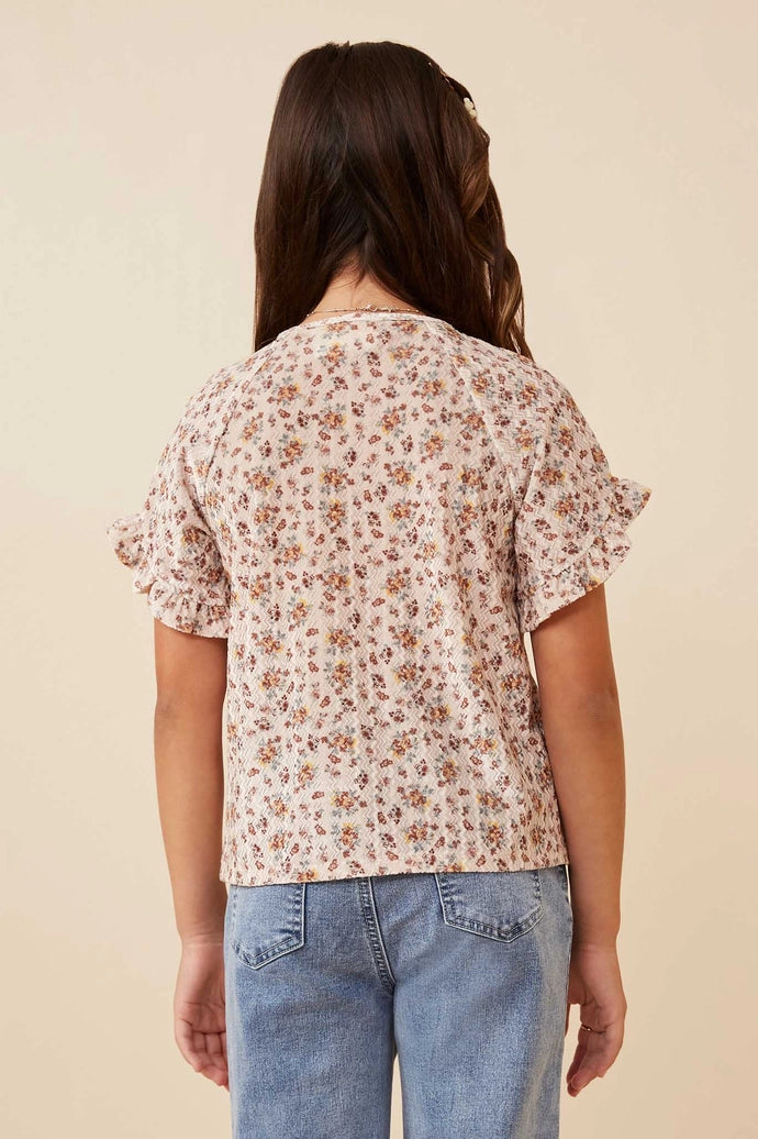 Floral Print Velvet Knit Ruffle Sleeve Top
