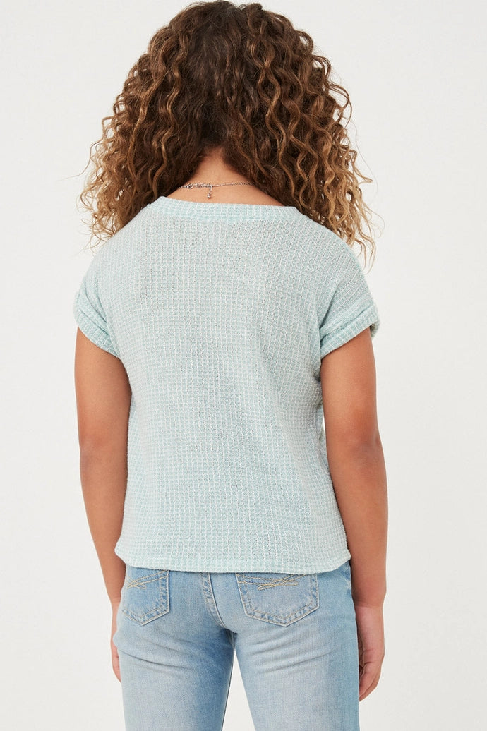 Textured Knit Buttoned Twist Front Top- Sage