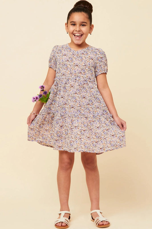 Ditsy Floral Tiered Puff Sleeve V Neck Dress