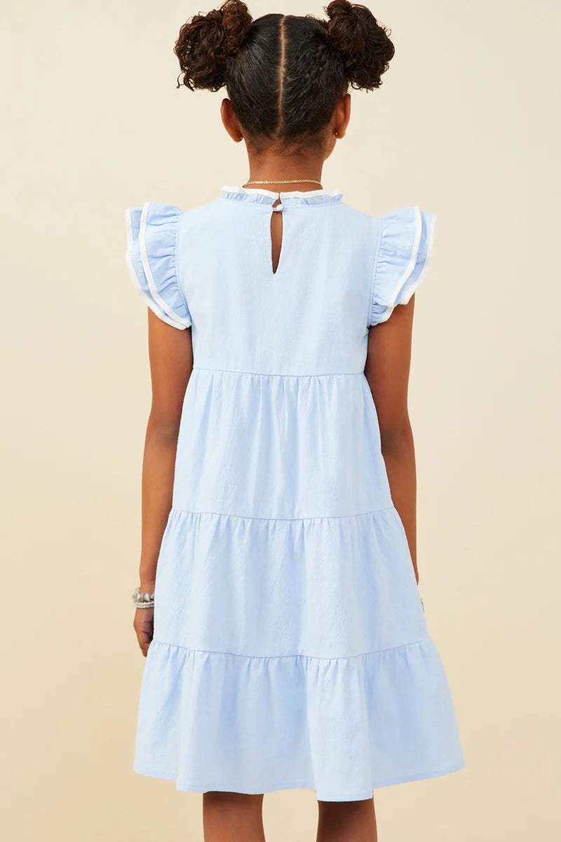 Girls Contrast Piped Ruffle Detail Dress- Blue