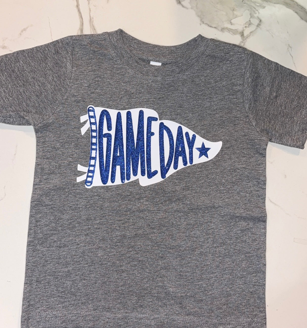 Pennant Game Day Tee-Blue Glitter Puff