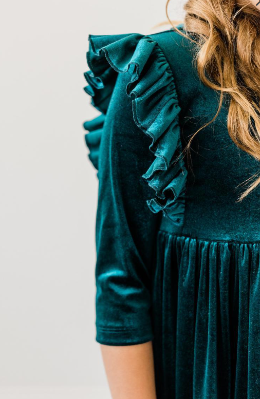 Ruffle Velvet Dress - Teal