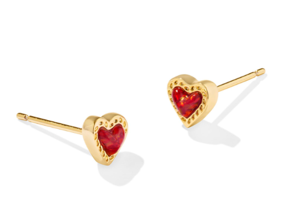 MINI ARI HEART STUD EAR GOLD RED KYOCERA OPAL