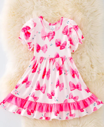 Amy Coquette Bow Ruffle Dress- Hot Pink