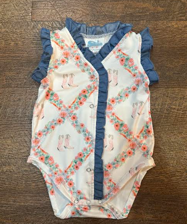 Floral Boot Denim Onesie - Pink