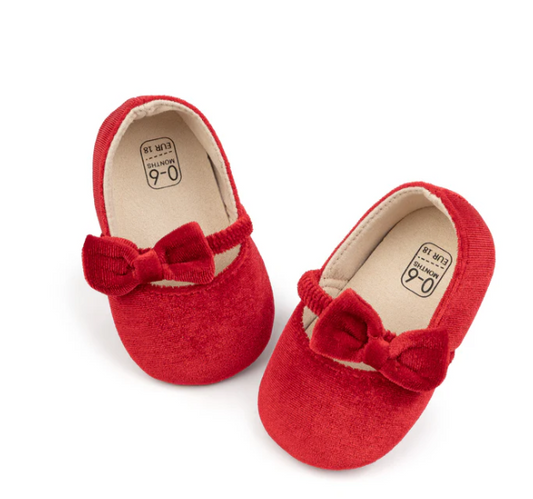 Baby Bow Velvet Slip On Flats - Red