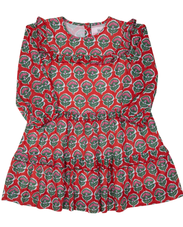 Floral w Gold Lurex Dress- Red/Green