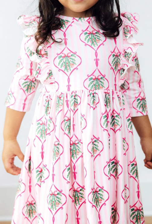 Merry Mistletoe 3/4 Sleeve Ruffle Twirl Dress