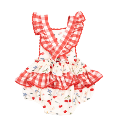 Ruffle Sunsuit- Watercolor Cherries
