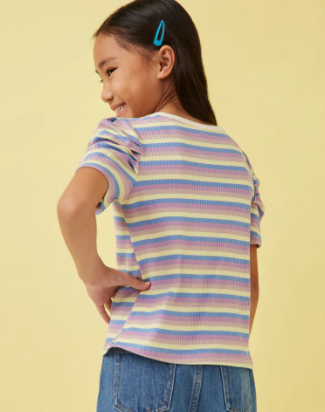 Caledon Stripe Ribbed Puff Top- Teal