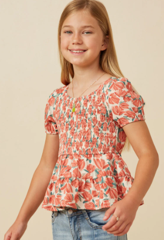 Barrie Smocked Peplum Top- Coral
