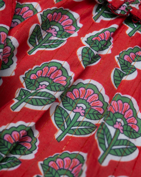 Floral w Gold Lurex Dress- Red/Green