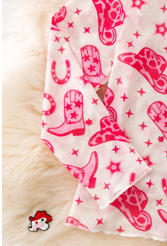 Pink cowgirl boot mesh long sleeve top