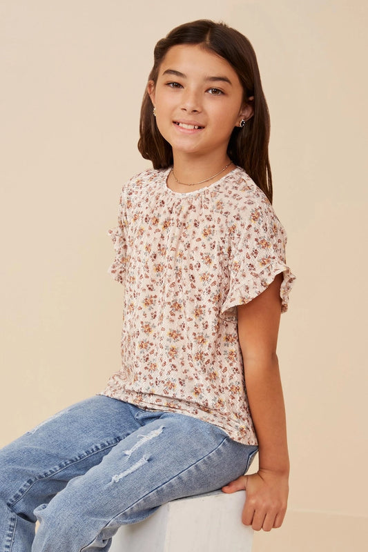 Floral Print Velvet Knit Ruffle Sleeve Top