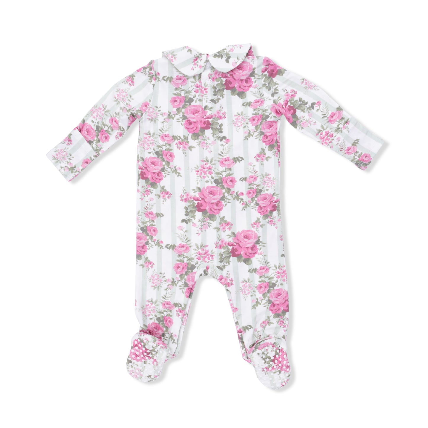 Cabbage Rose Stripe- Smocked Snap Footie