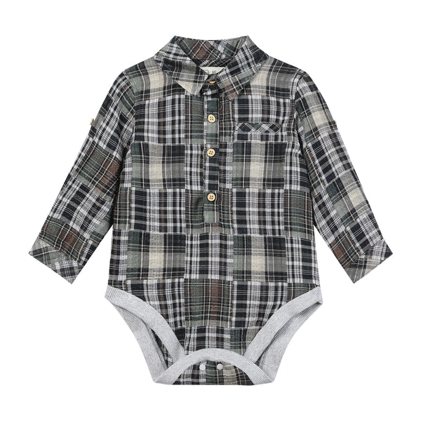 Jasper Green-Patchwork Plaid Woven Onesie