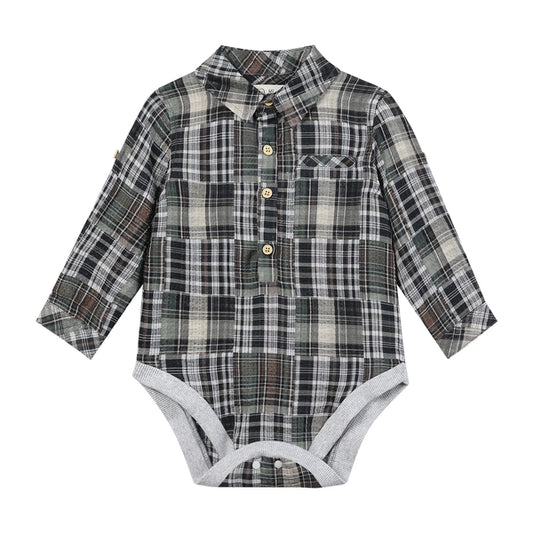 Jasper Green-Patchwork Plaid Woven Onesie