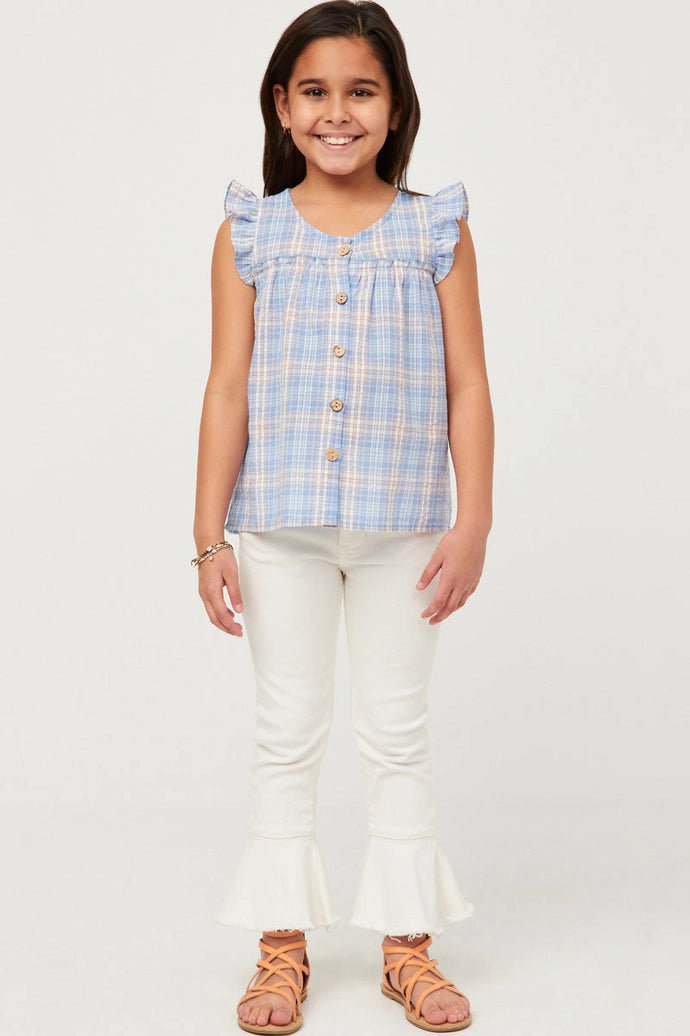 Textured Plaid Ruffled Button Up Tank