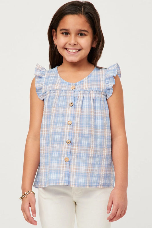 Textured Plaid Ruffled Button Up Tank