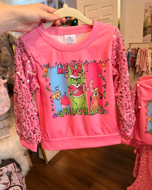 Merry Grinchmas Sequin Sleeve Top - Bubblegum