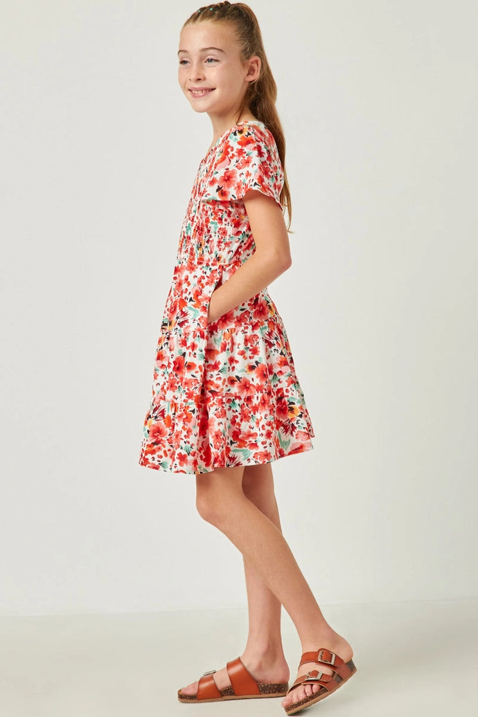 Floral Smocked V Neck Short Sleeve Dress