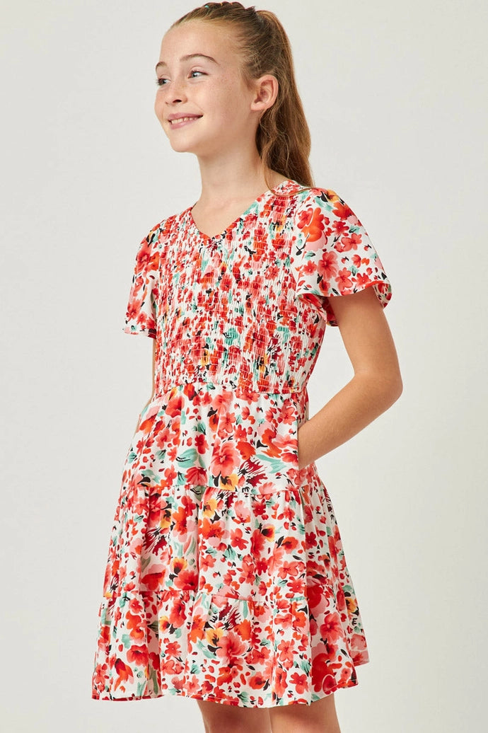 Floral Smocked V Neck Short Sleeve Dress