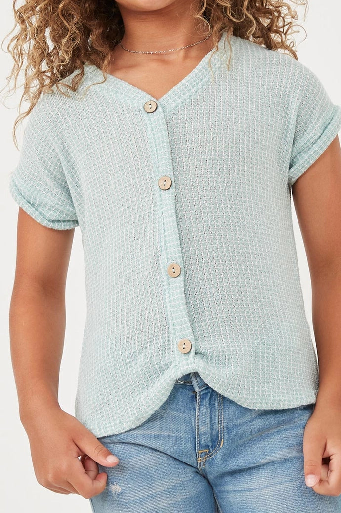 Textured Knit Buttoned Twist Front Top- Sage