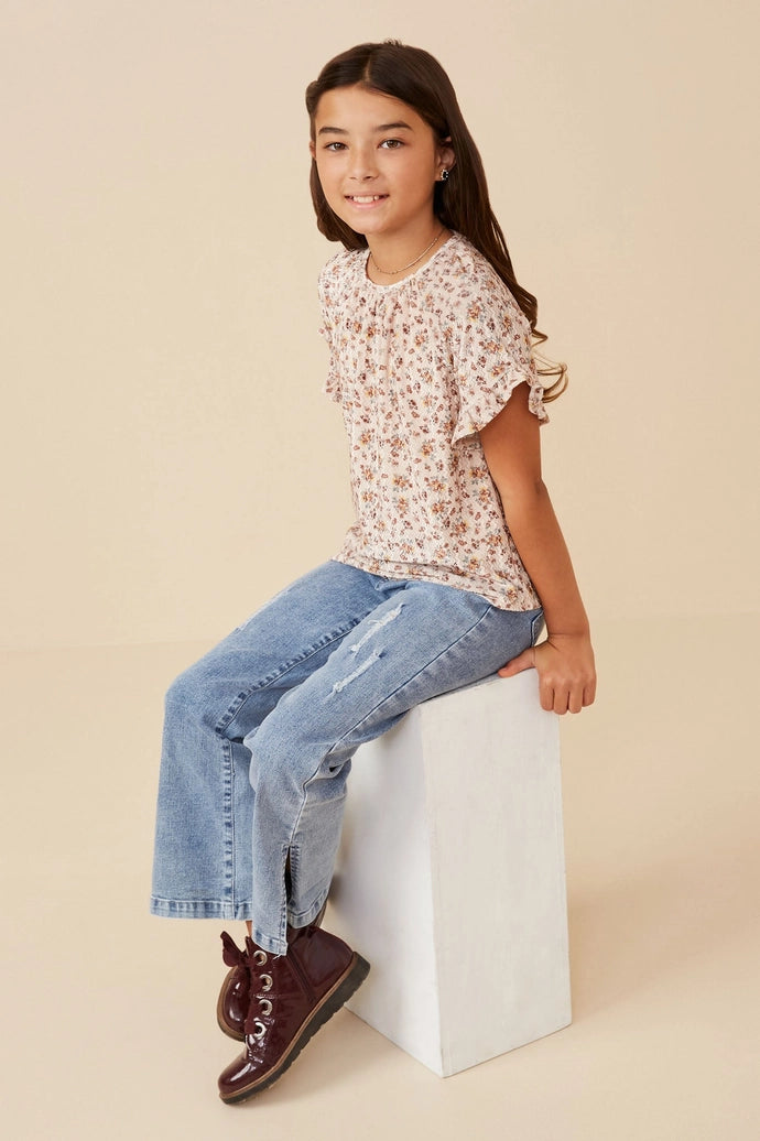 Floral Print Velvet Knit Ruffle Sleeve Top