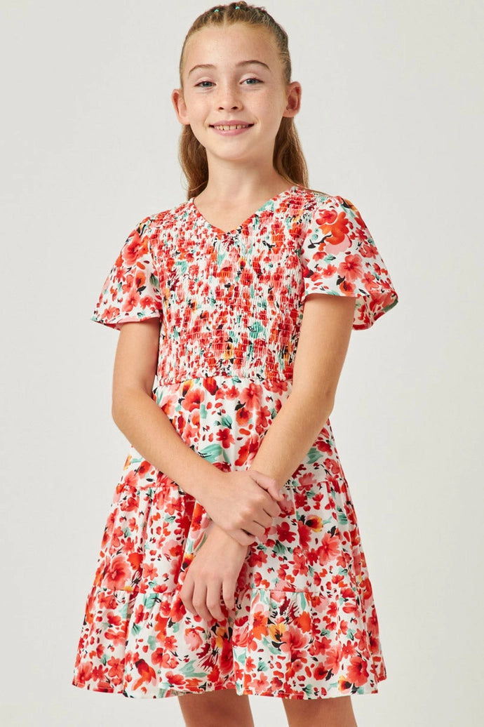 Floral Smocked V Neck Short Sleeve Dress