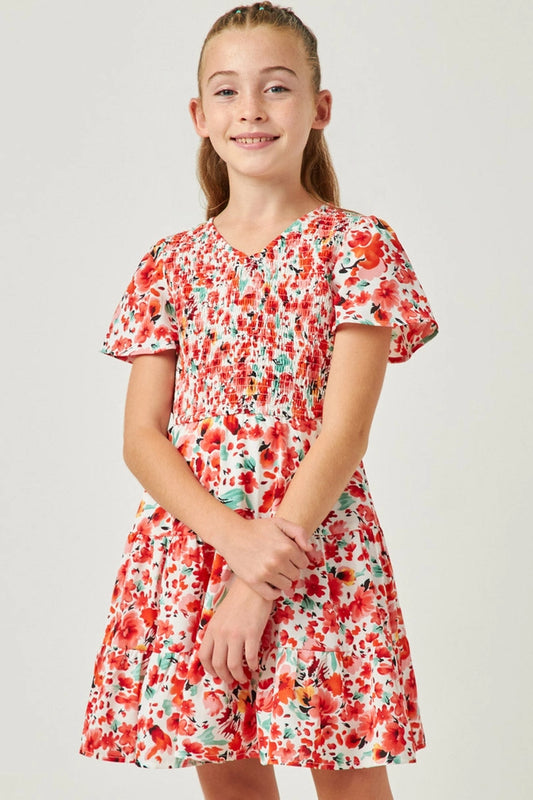 Floral Smocked V Neck Short Sleeve Dress