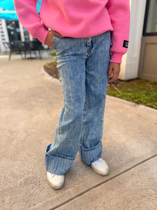 High Cuff Wide Leg- Stripe Indigo