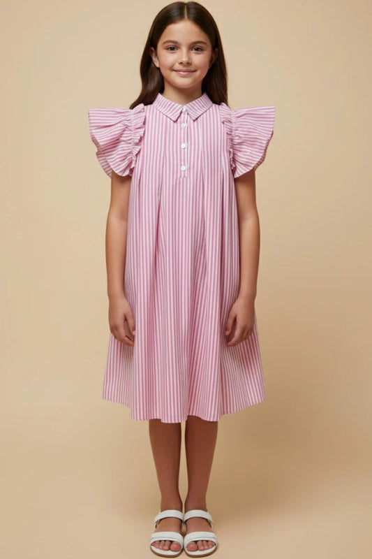Girls Button Collared Pleated Pinstripe Dress