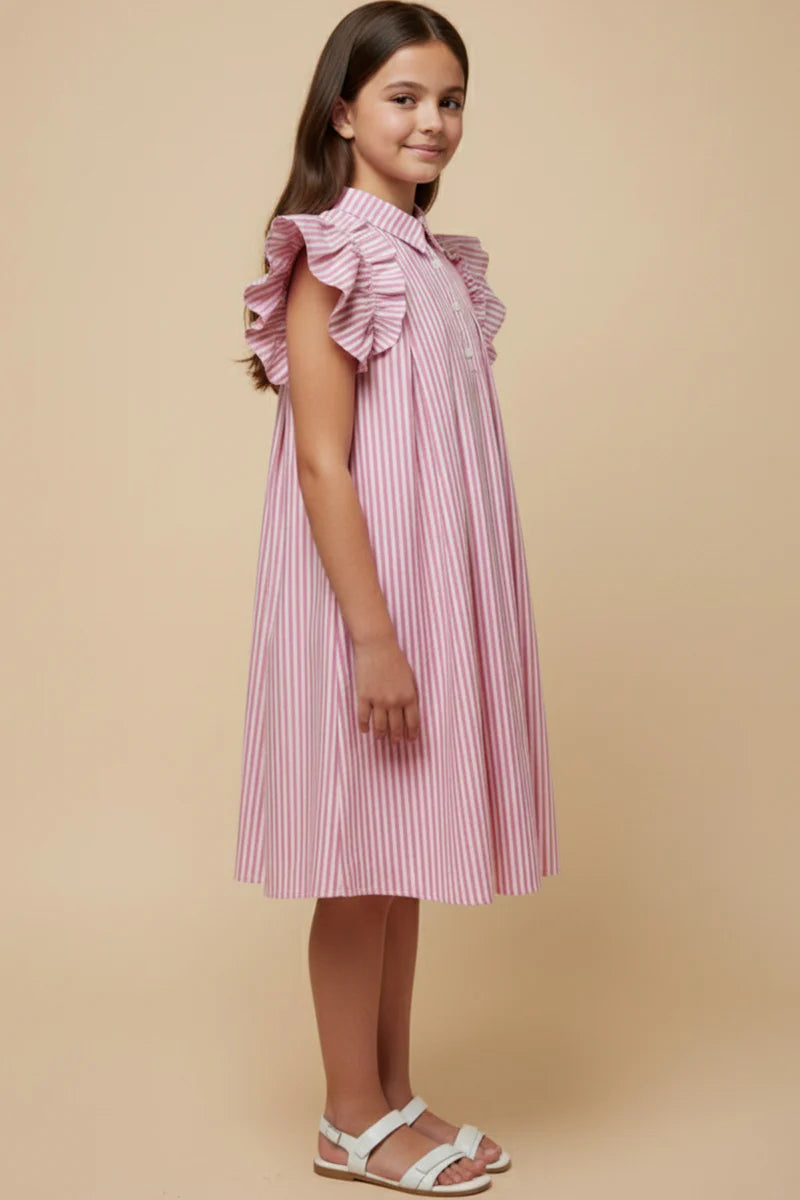 Girls Button Collared Pleated Pinstripe Dress