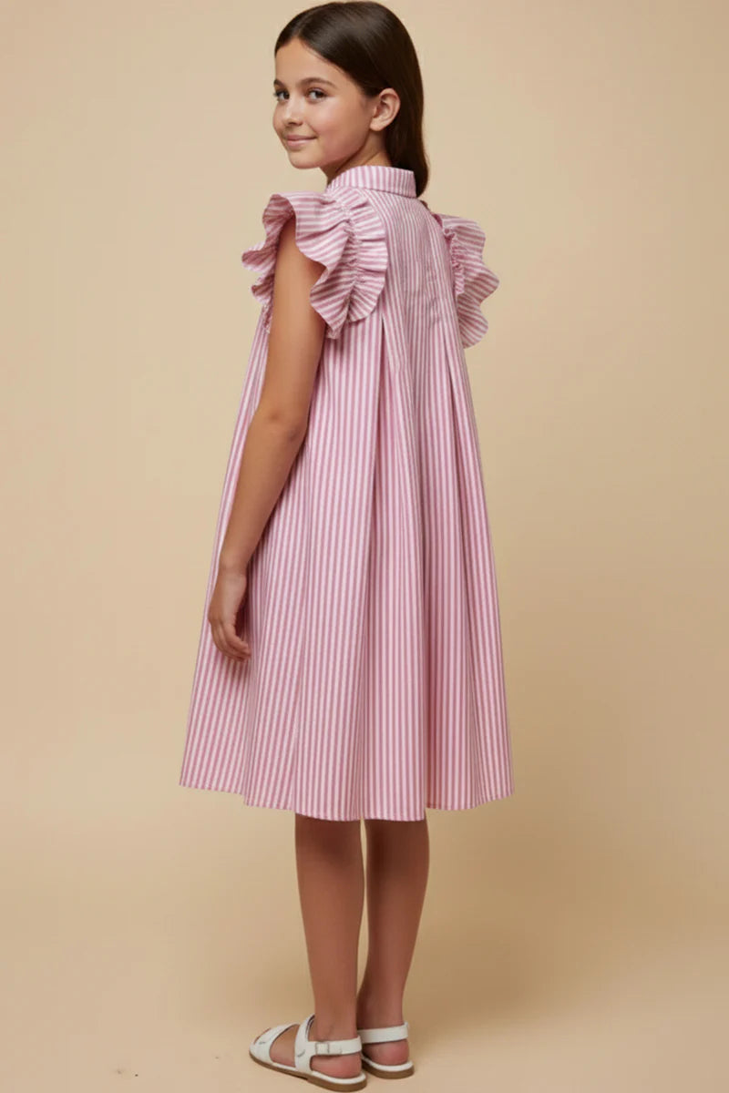 Girls Button Collared Pleated Pinstripe Dress