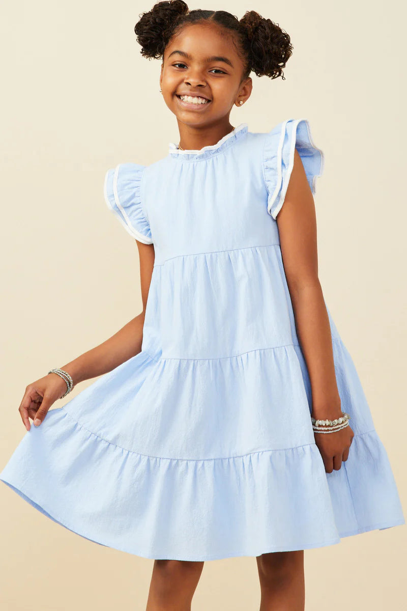 Girls Contrast Piped Ruffle Detail Dress- Blue