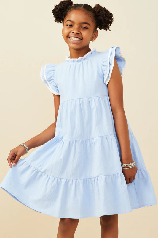 Girls Contrast Piped Ruffle Detail Dress- Blue