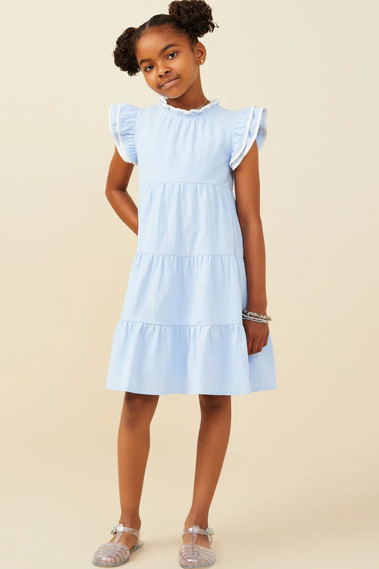 Girls Contrast Piped Ruffle Detail Dress- Blue