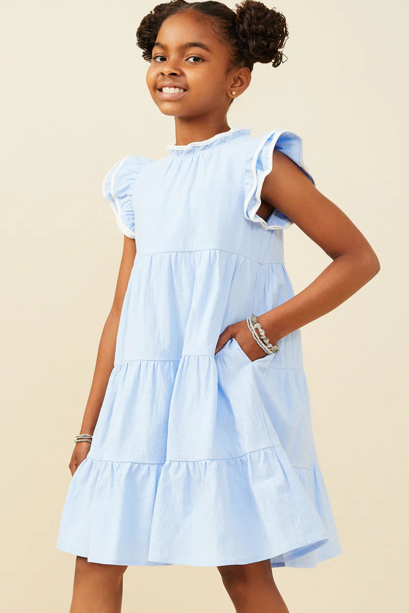 Girls Contrast Piped Ruffle Detail Dress- Blue