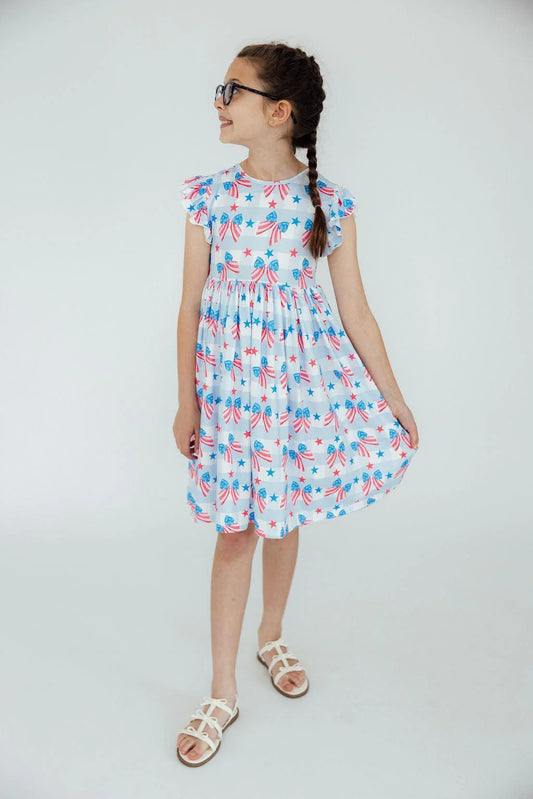 Red, White & Bows Flutter Sleeve Twirl Dress
