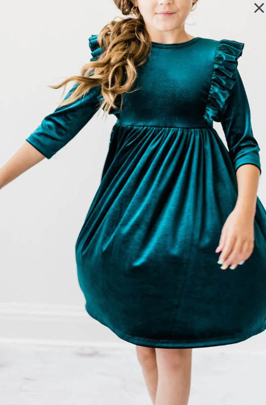 Ruffle Velvet Dress - Teal