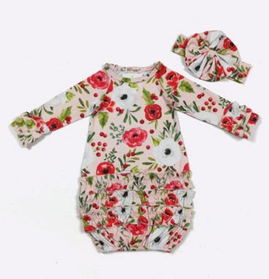 Holiday Poppy Baby Gown - Pink Multi