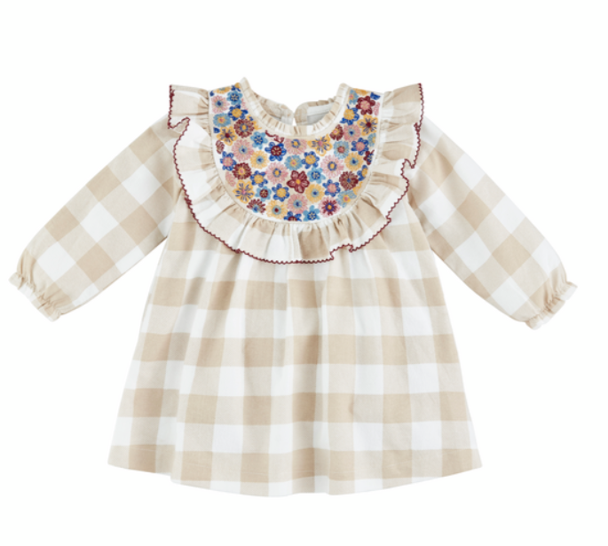 Neutral Check Floral Dress