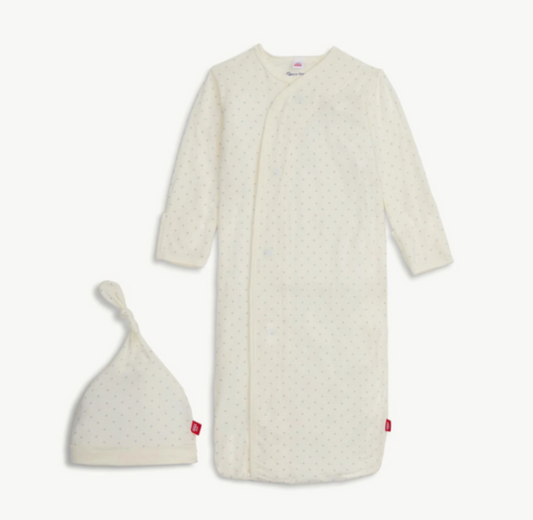 Pin Dot Magnetic Gown+Hat Set-Cream