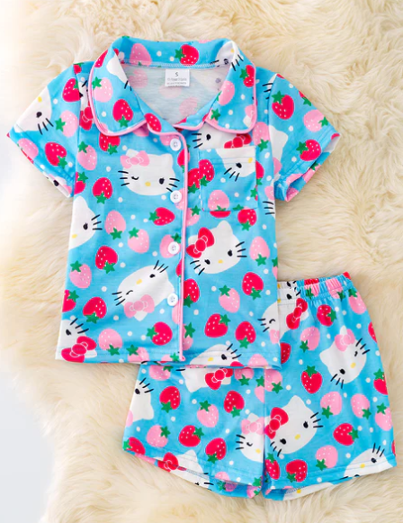 Kitty & Strawberry PJ Set- Pink/Blue