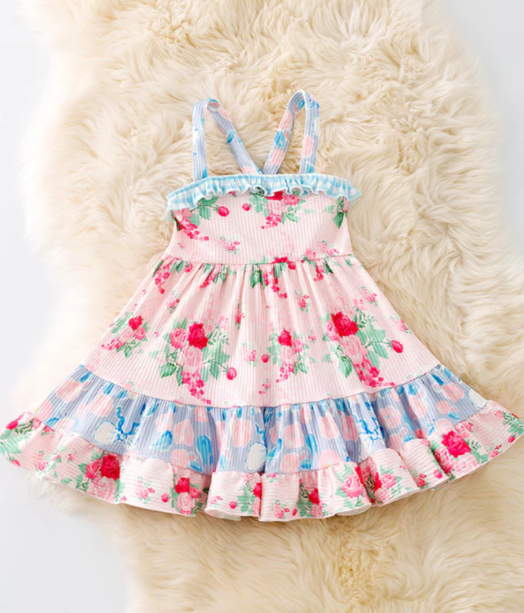 Roses Tiered Dress - Blue/Pink