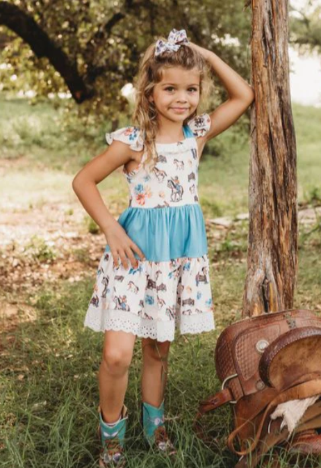 Ranch Hand Ruffle Dress - Cream/Blue