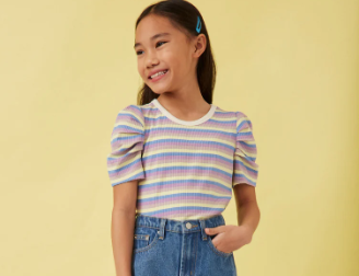 Caledon Stripe Ribbed Puff Top- Teal